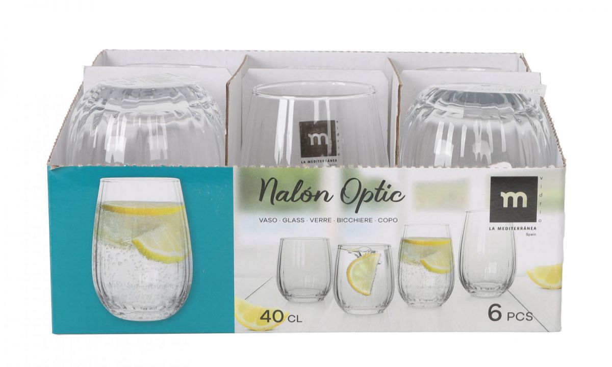 Six clear Nalon Optic 400ml drinking glass tumblers in retail display box