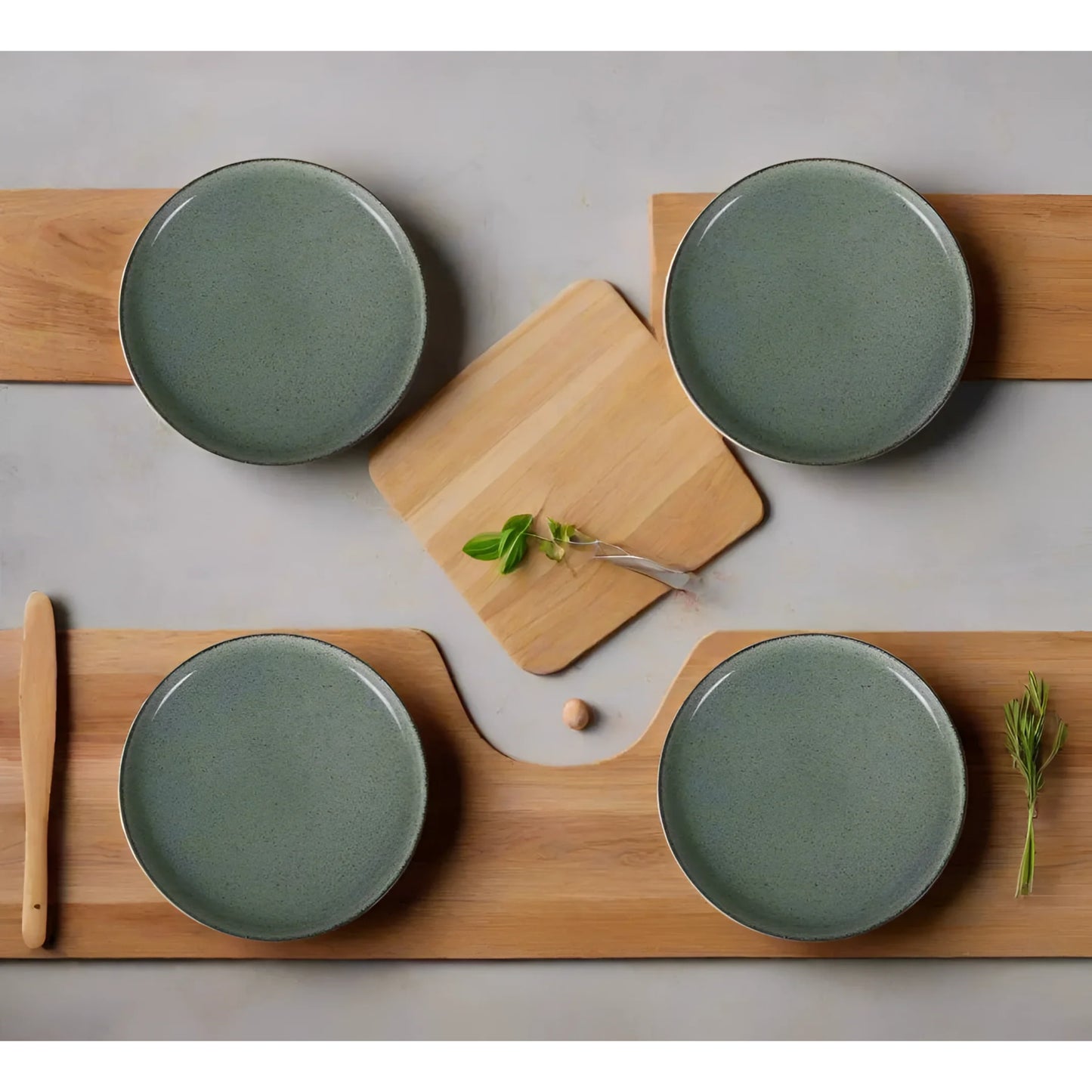 Four green ceramic Nordic Beloi 27cm dinner plates made of stoneware for stylish dining