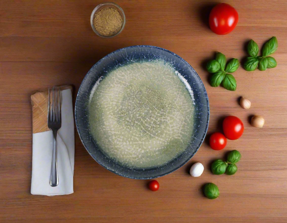Empty blue-rimmed ceramic plate with textured light green center from Nordic Olaf 23cm Stoneware Pasta Bowls