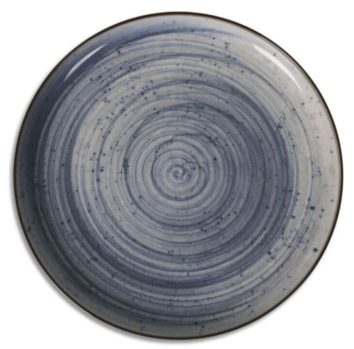 Blue and white ceramic dinner plate with spiral pattern and speckled texture from Nordic SWIRL set