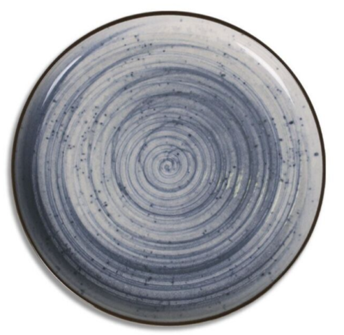Round ceramic dinner plate with blue and white spiral pattern from Nordic SWIRL set