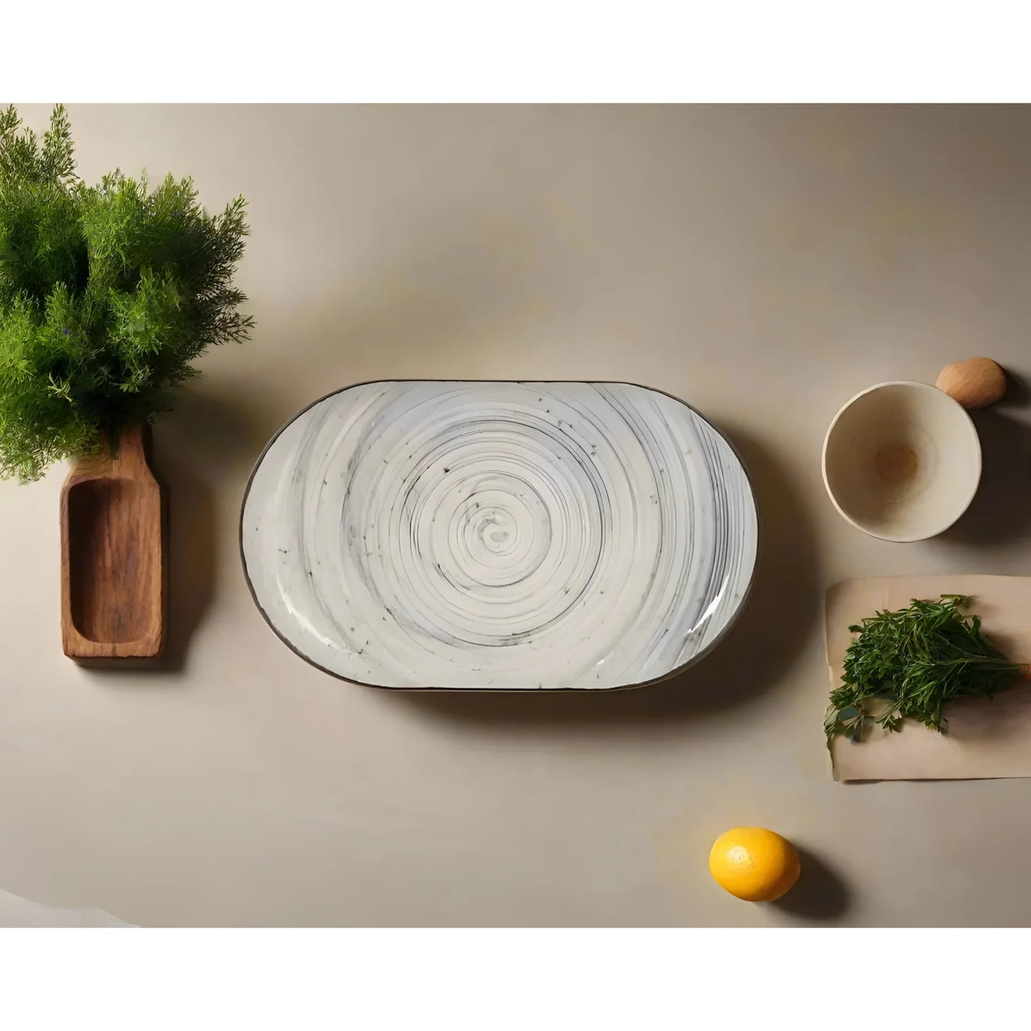 Oval white stoneware plate with gray swirl pattern and relief decoration for desserts
