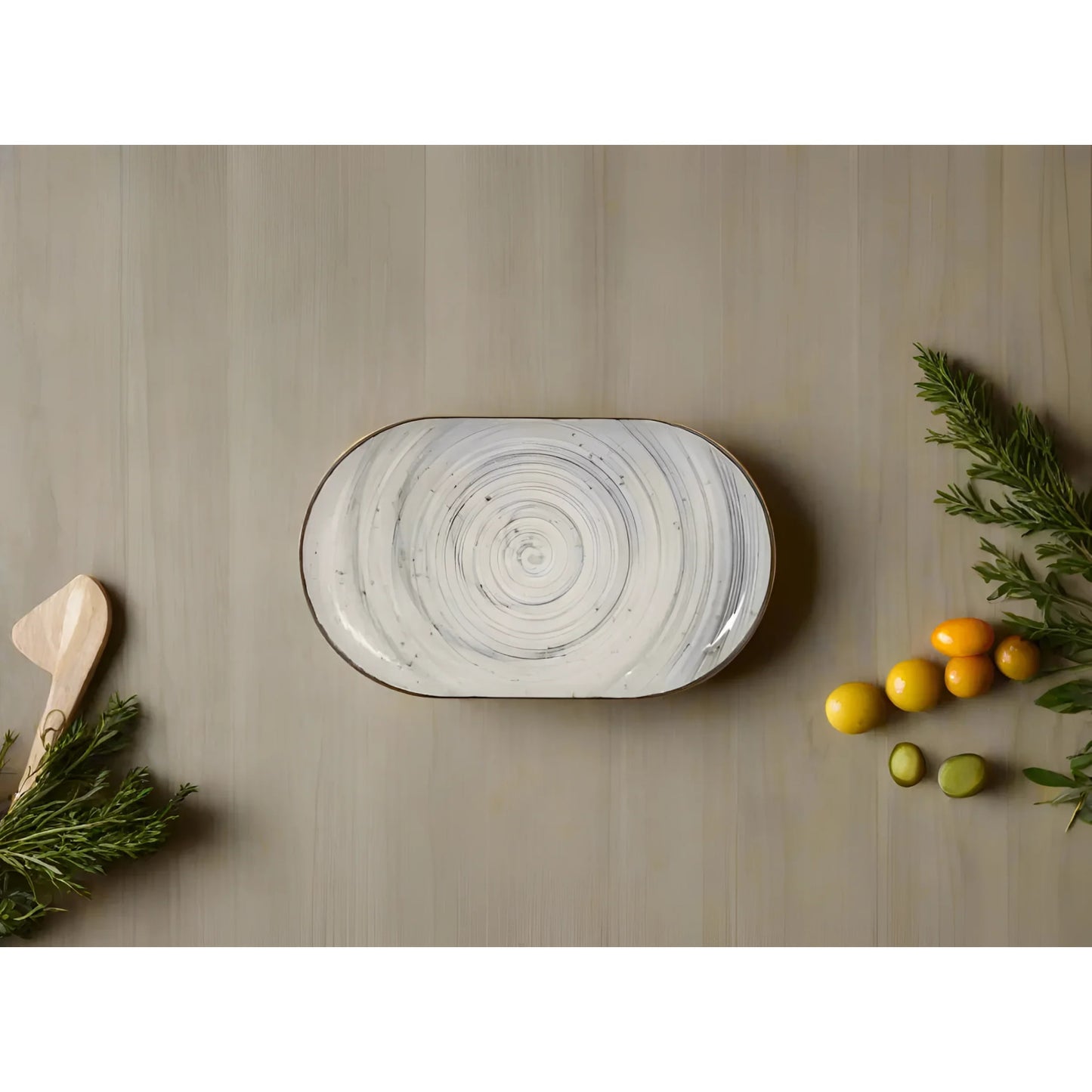 Oval white stoneware plate with grey swirl relief pattern for desserts and tapas