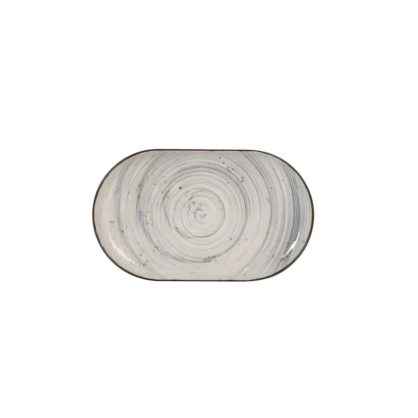 Oval marble-patterned serving platter in grey swirl stoneware for desserts and tapas