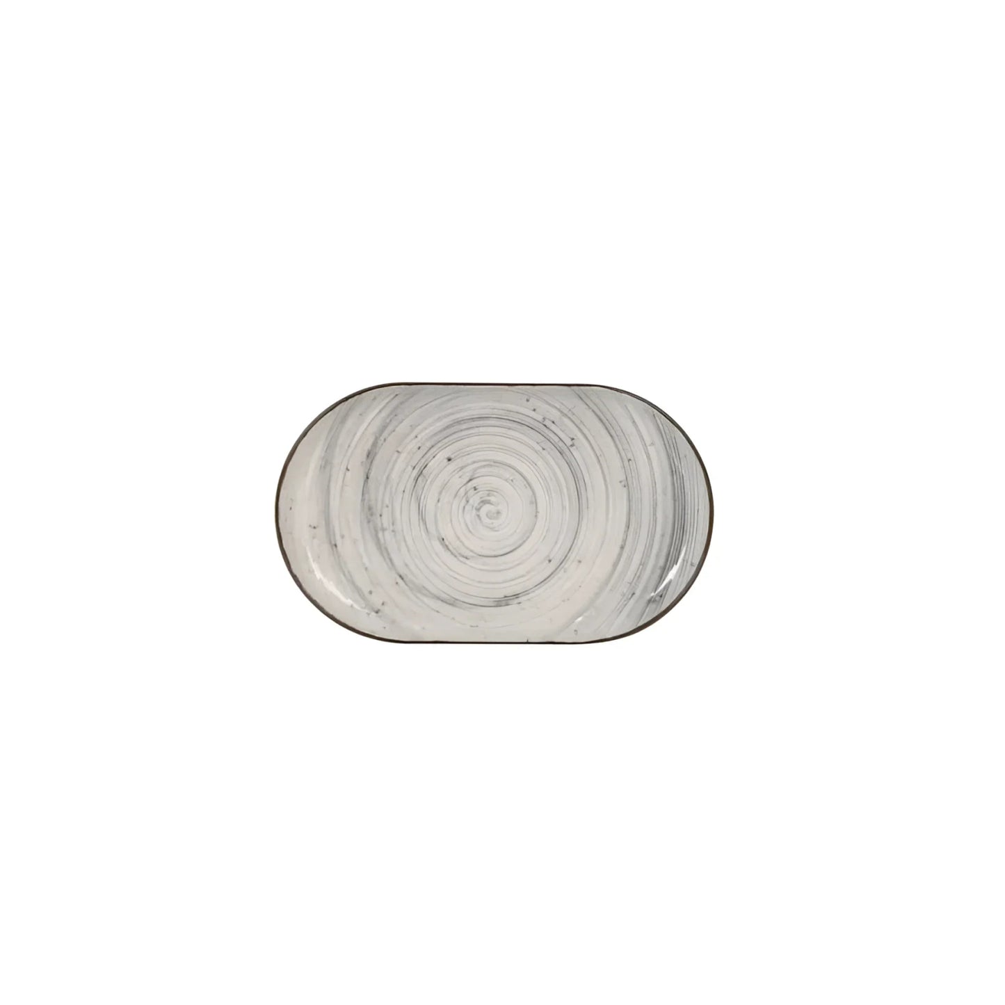 Oval gray and white patterned platter with Nordic Vortex Relief decoration in stoneware
