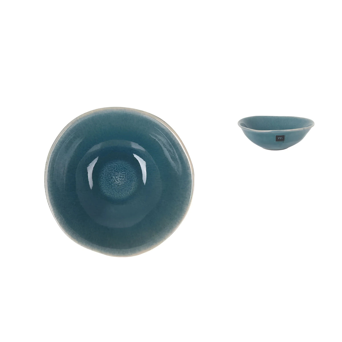 A glossy ceramic bowl in a deep teal blue-green glaze, shown from two angles: a large top-down view on the left and a smaller angled side view on the right, set against a plain white background.