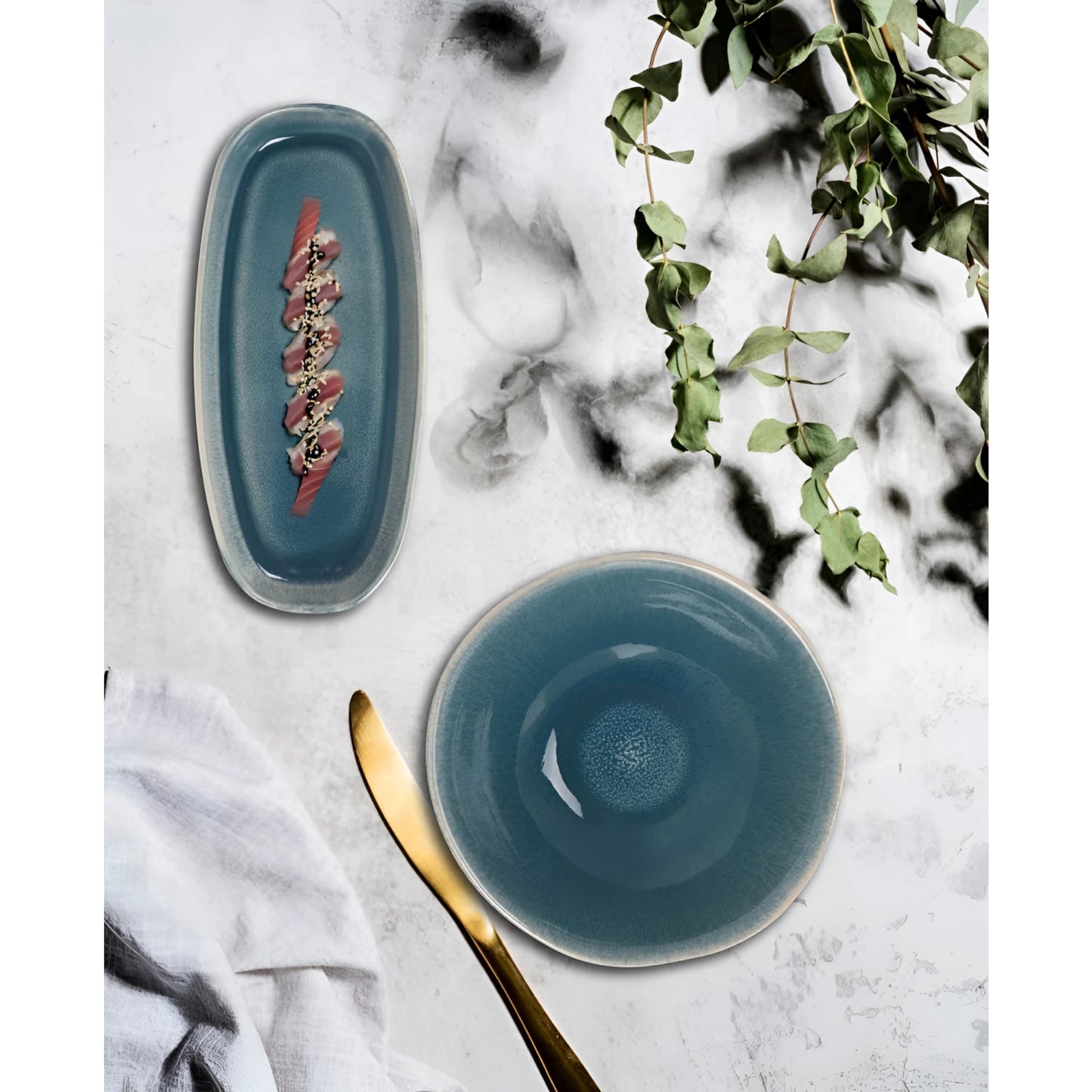Matte teal ceramic dessert plates with speckled finish, irregular shape Ocean Blue 21cm