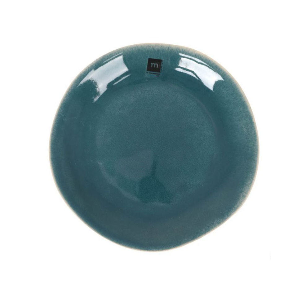 Teal blue ceramic dinner plate with irregular organic shape and glossy finish