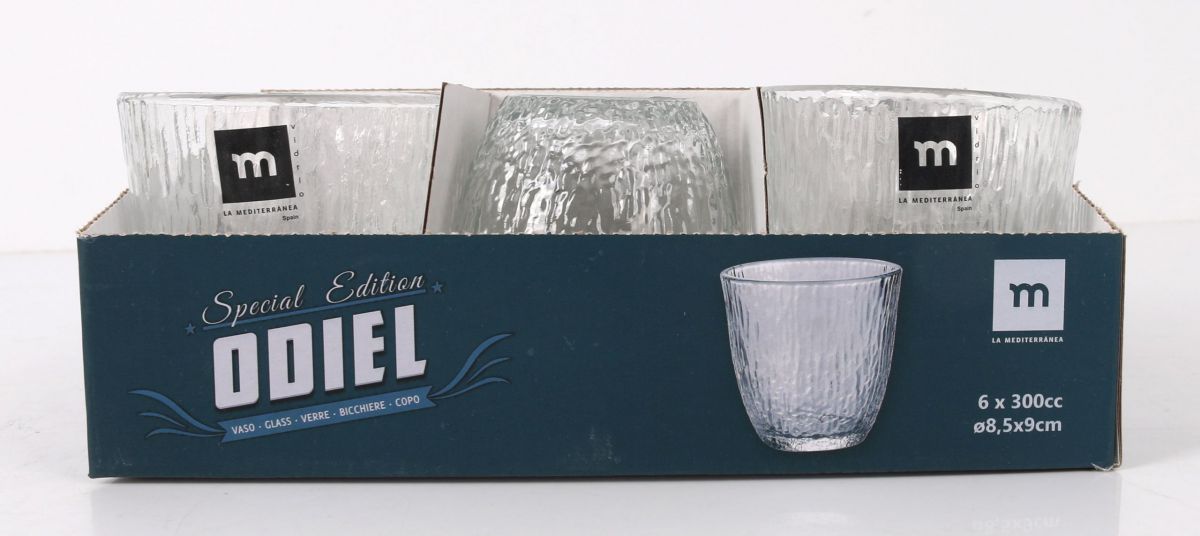 Set of six textured Odiel 300ml cocktail glass tumblers in retail box