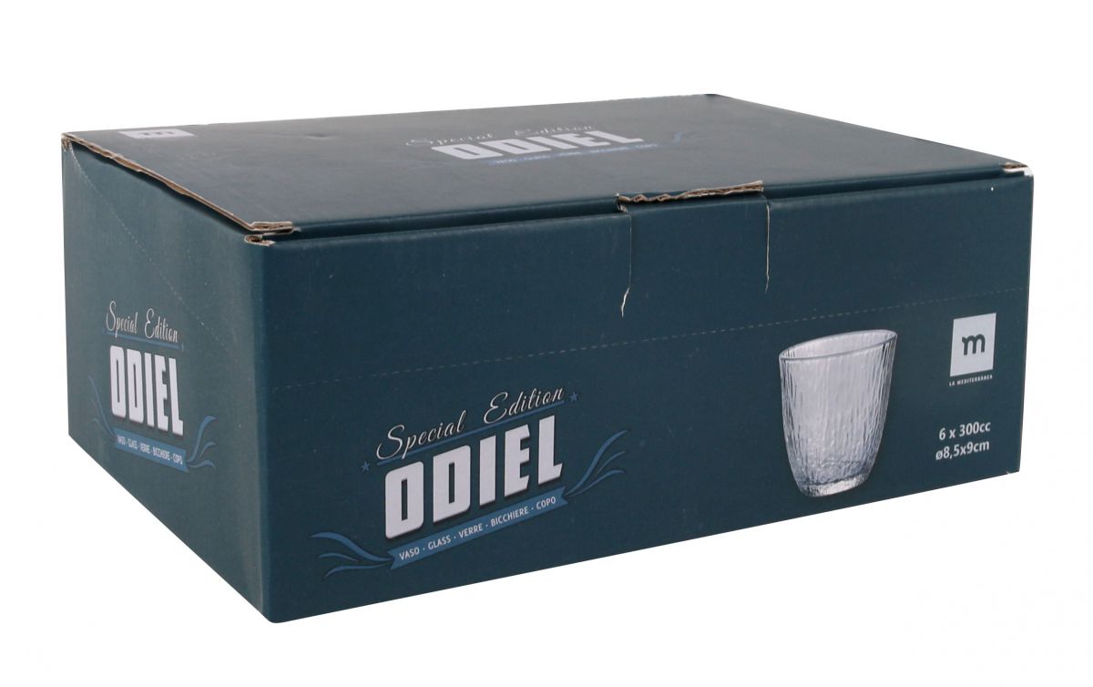 Dark teal cardboard box with six Odiel 300ml cocktail drinking glasses tumblers