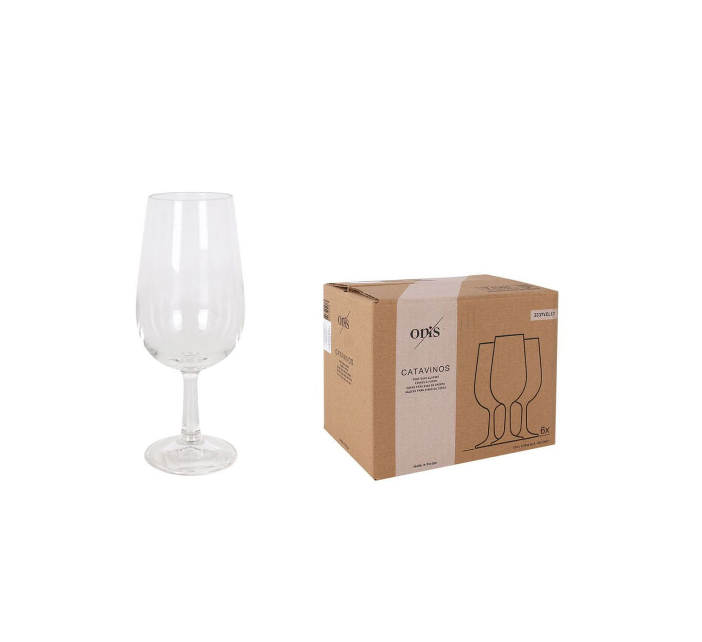 Clear Onis Tasting Wine Glass 170ml Jerez next to its cardboard packaging box