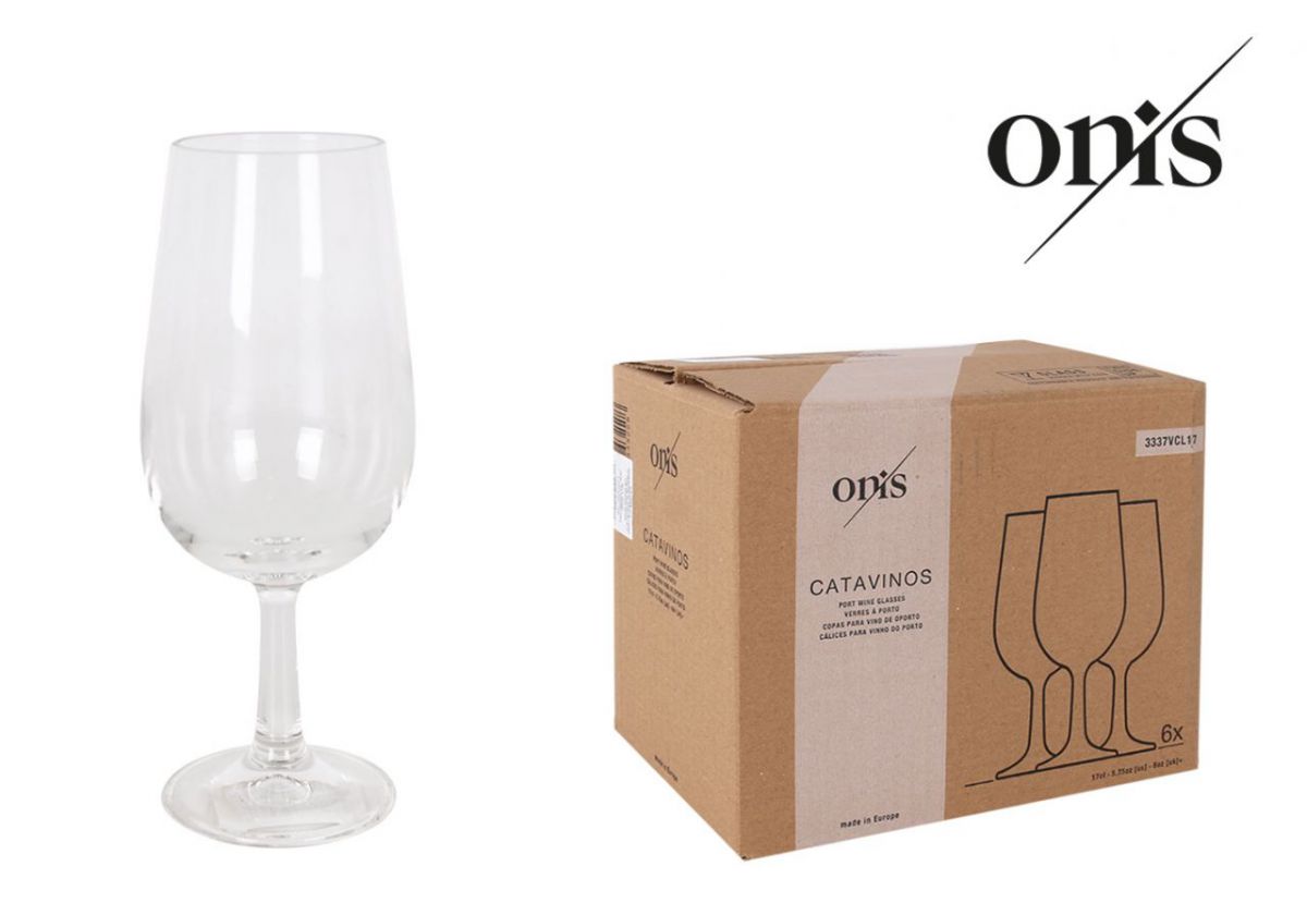 Clear Onis Tasting wine glass 170ml Jerez next to its cardboard packaging