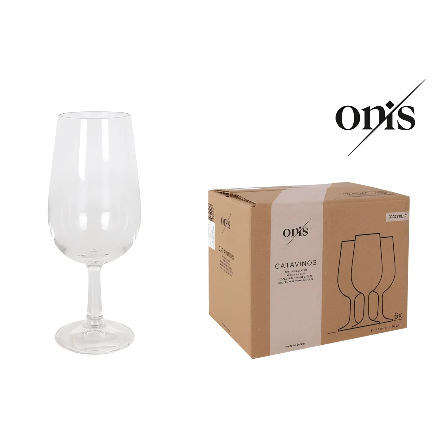 Clear Onis Tasting wine glass 170ml Jerez next to its cardboard packaging