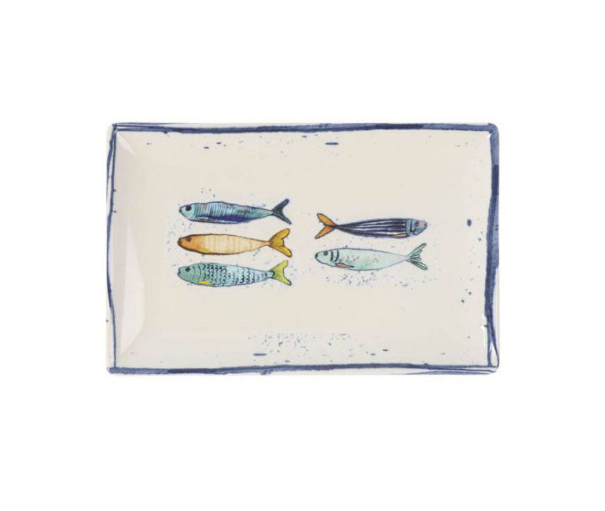 Ceramic Peixe rectangular serving dish with blue rim and colorful fish illustrations