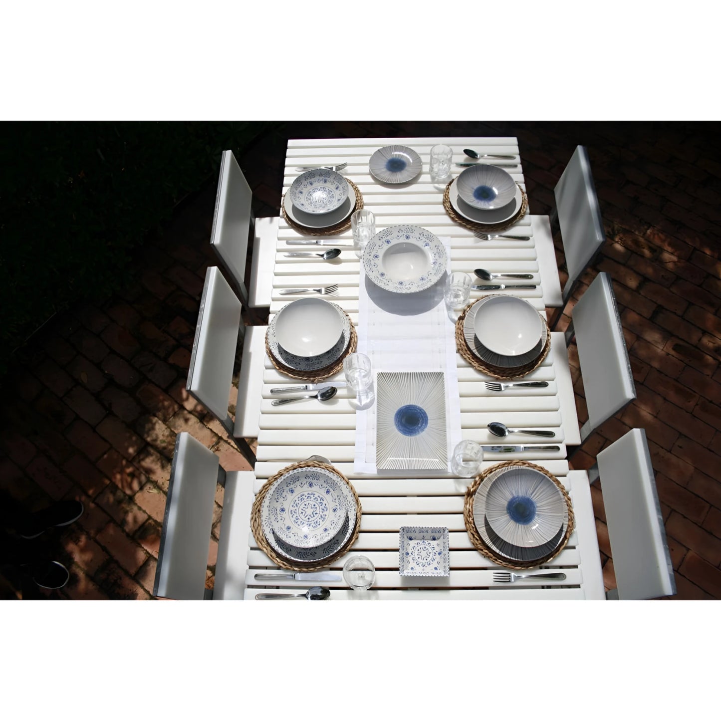 White wooden outdoor dining table with Place Mat wicker round 25cm set for eight people
