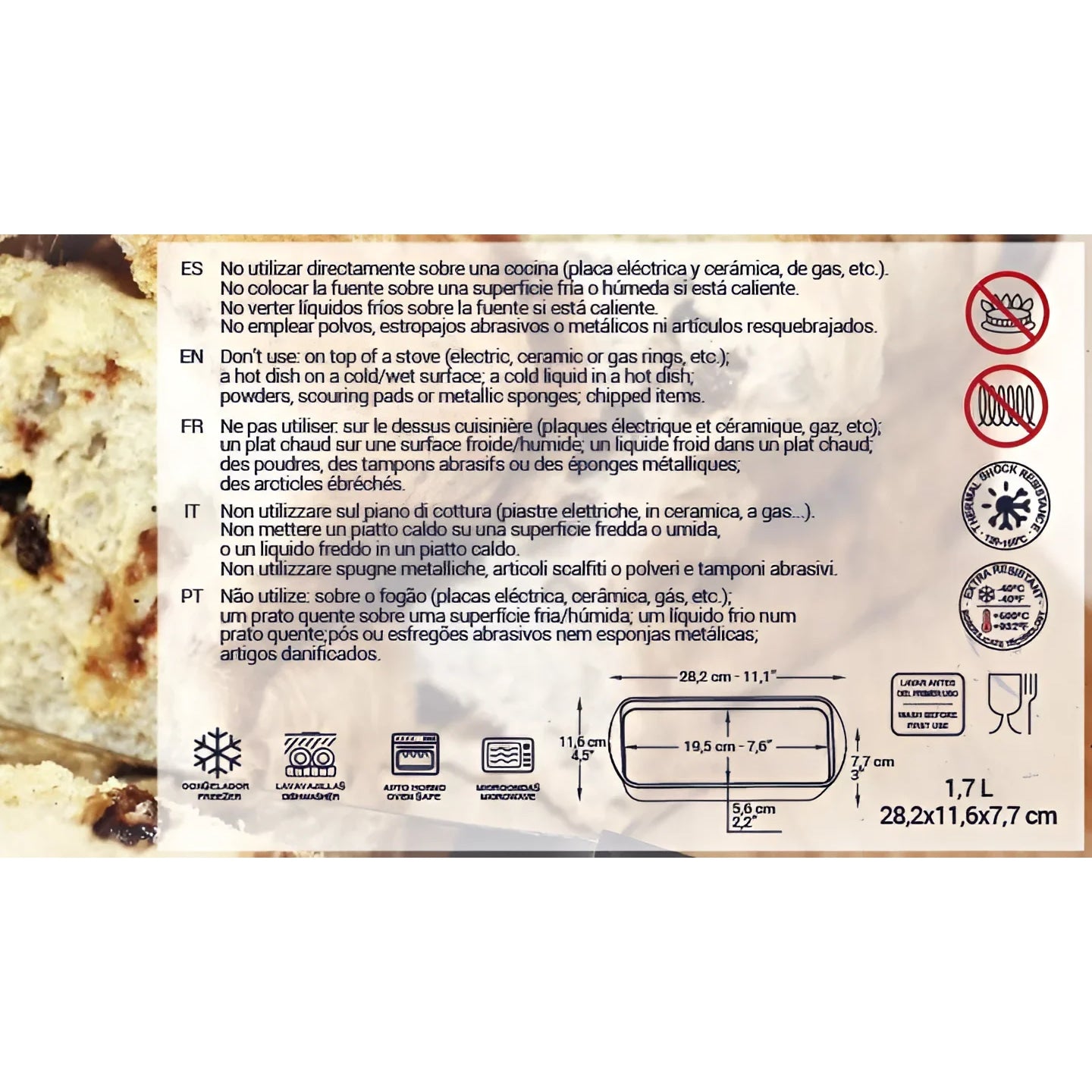 Product usage instructions and dimensions for Rectangular Oven Dish Tin 28.2x11.6cm Quttin