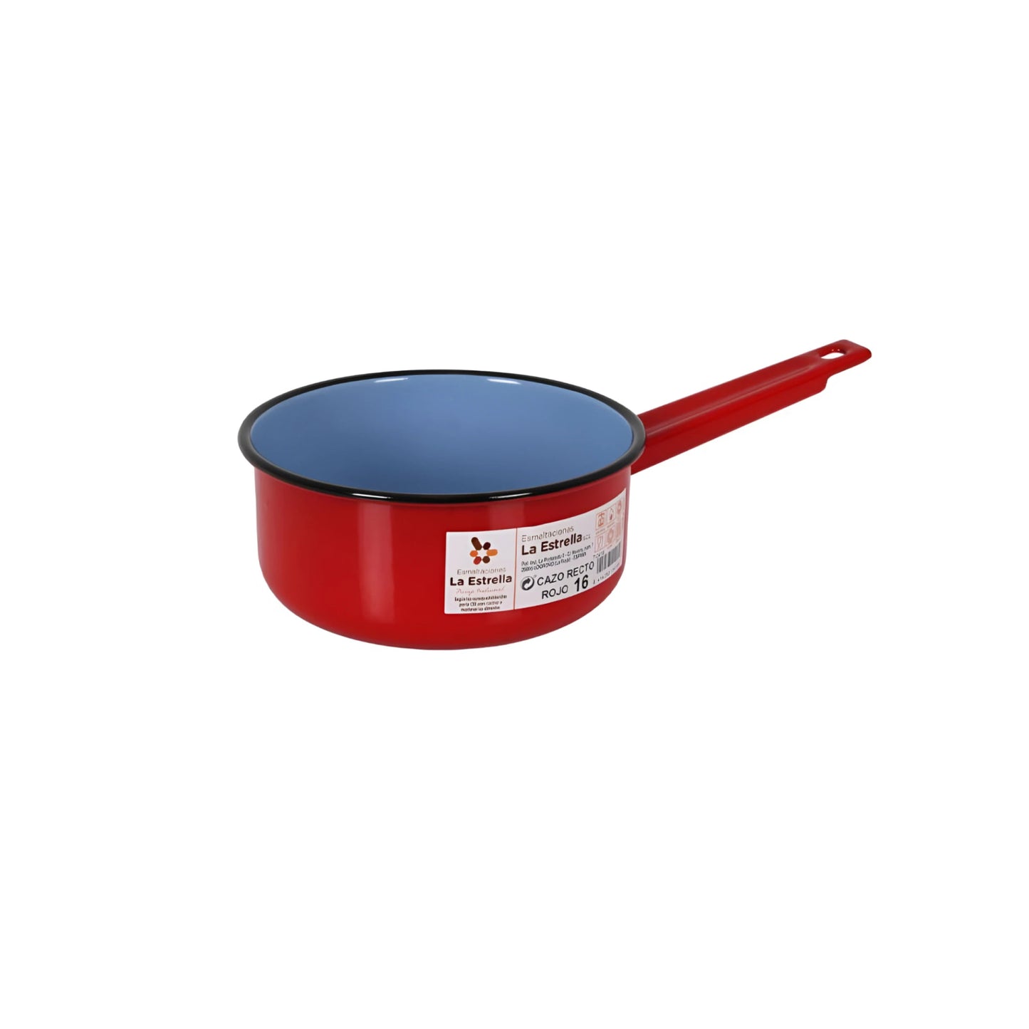 Red enameled steel 16cm saucepan by La Estrella with blue interior