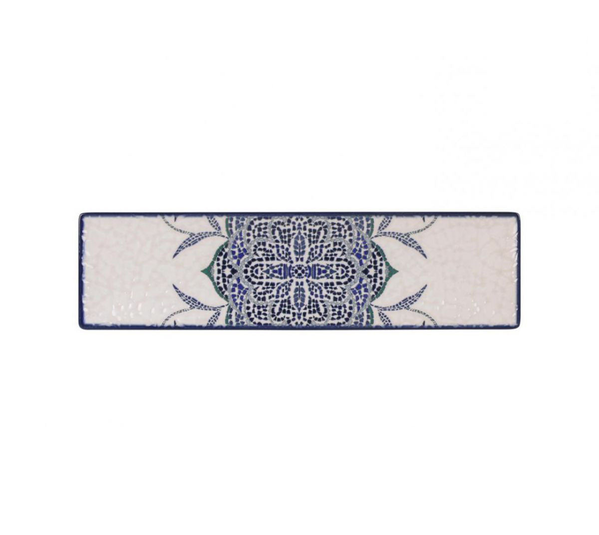 Blue and white mandala rug runner with navy border on Rosetta dish