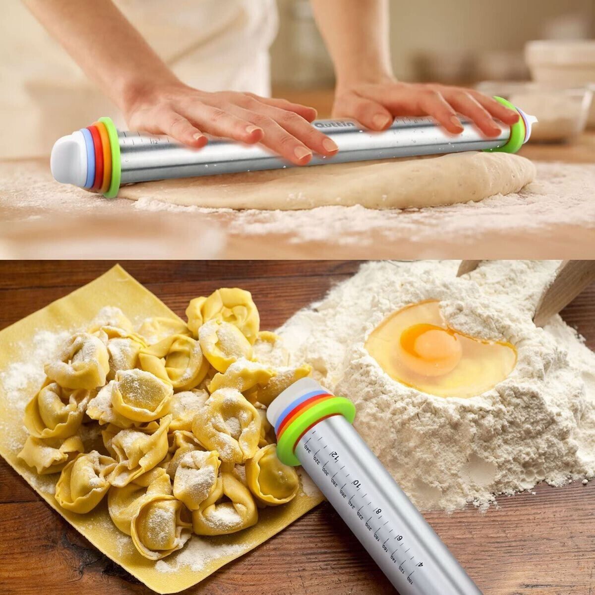 Quttin baking rolling pin with 4 guide rings 2,3,6,10mm / 42x6cm
