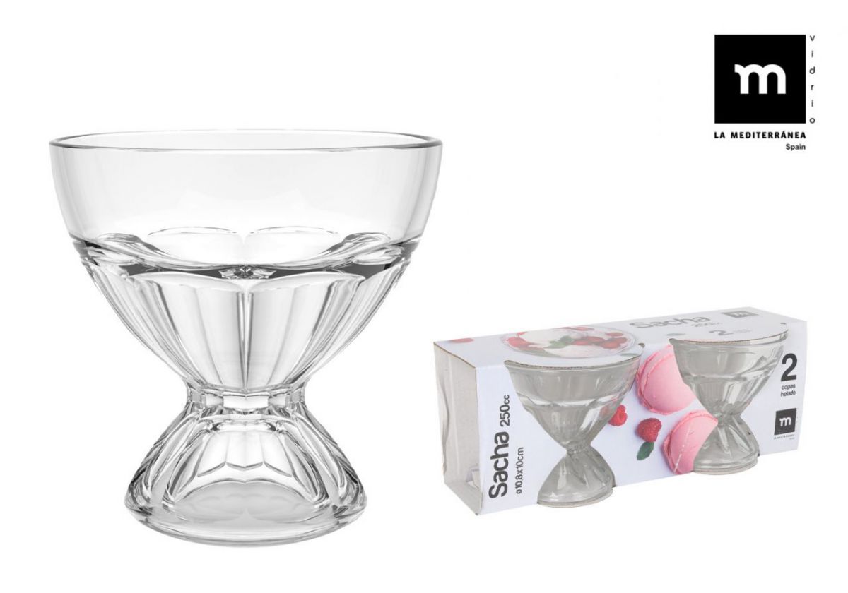Clear glass dessert bowls with ribbed design and hourglass base for ice cream and fruit