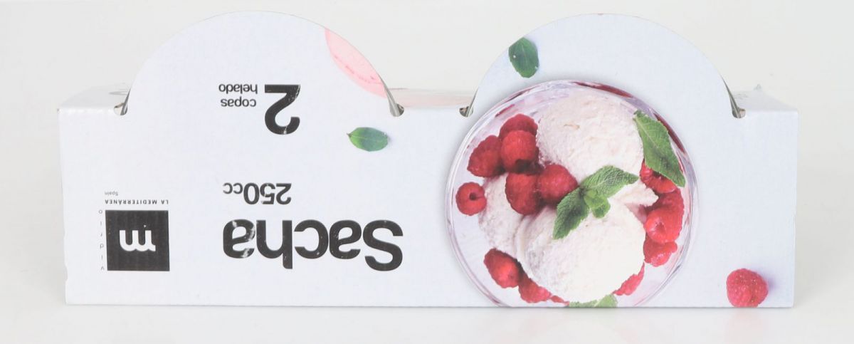 Ice cream carton with raspberries and mint leaves in Sacha Glass Ice Cream Sundae Mugs