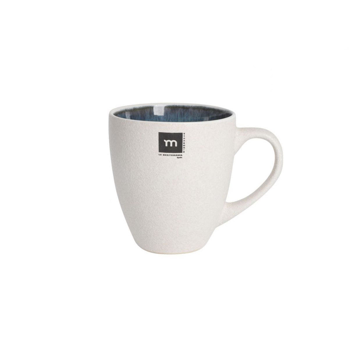 Modern white Savina 420ml stoneware mug with black interior and logo