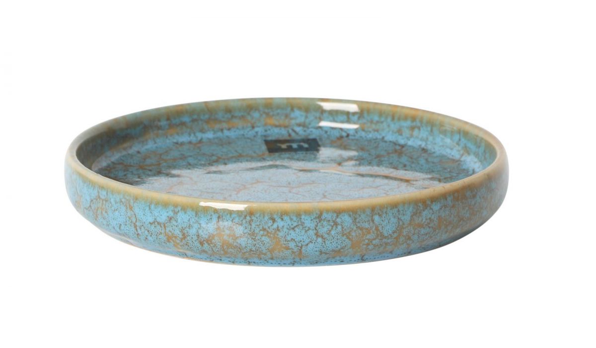Round shallow blue ceramic side plate with crackled gold-brown glaze for Scratch Blue 13.7cm dish