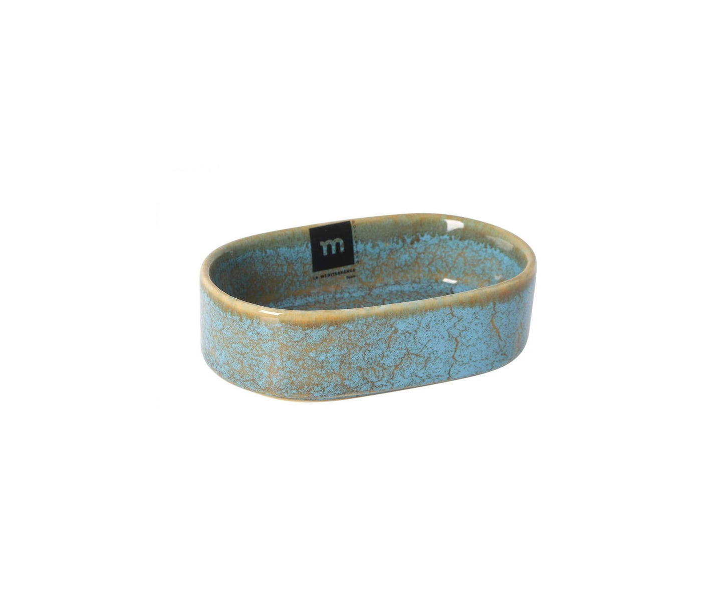 Oval ceramic bowl dish with textured blue-green glaze and tan rim for stylish serving