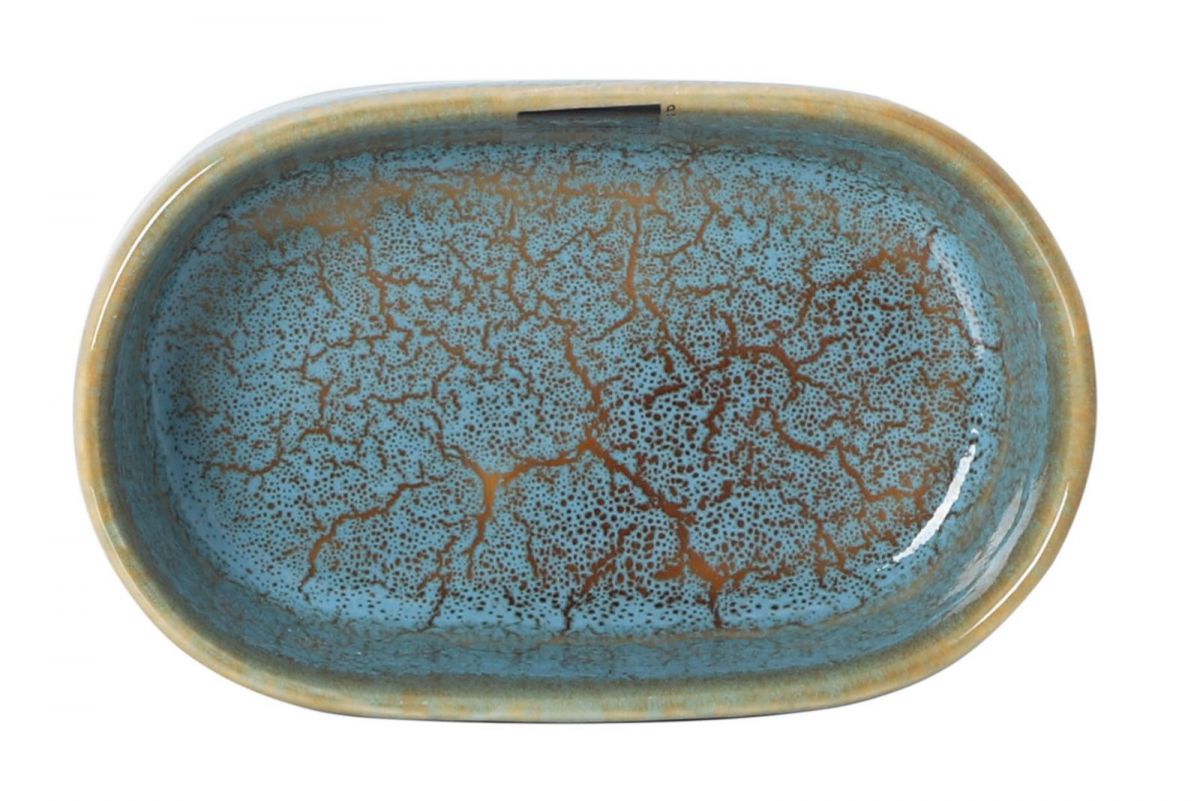 Oval ceramic serving dish with blue crackle glaze and gold cracked earth pattern