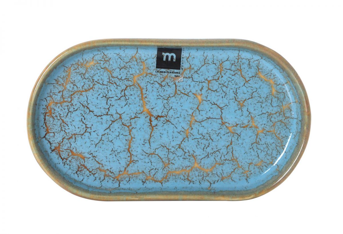 Oval serving tray with cracked blue and gold design from Scratch Blue 20.6x11.7cm dish