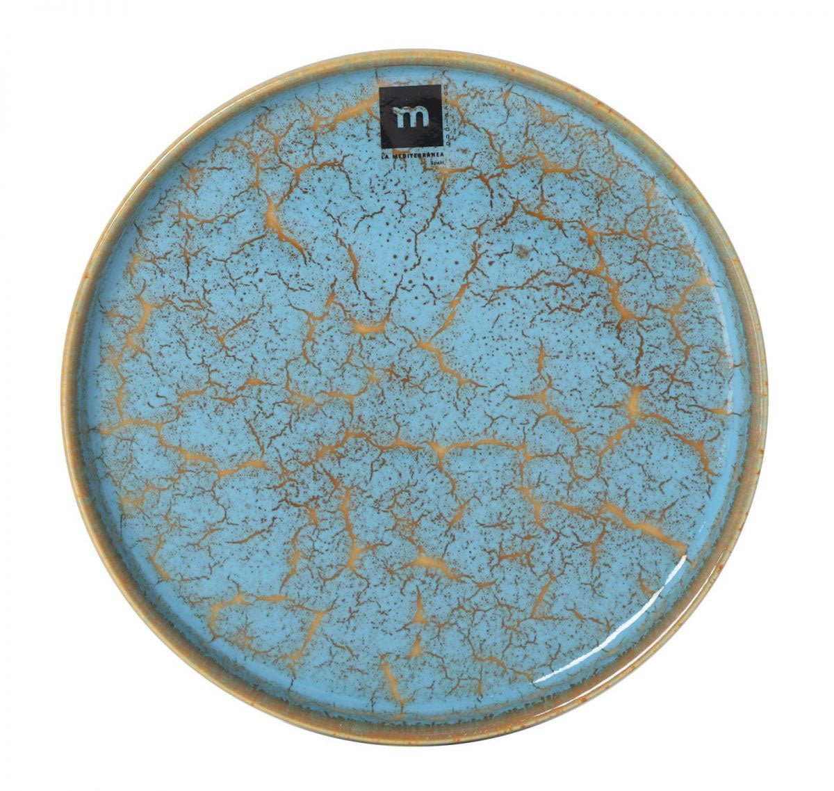 Light blue ceramic dessert plate with gold crackle glaze and brown rim