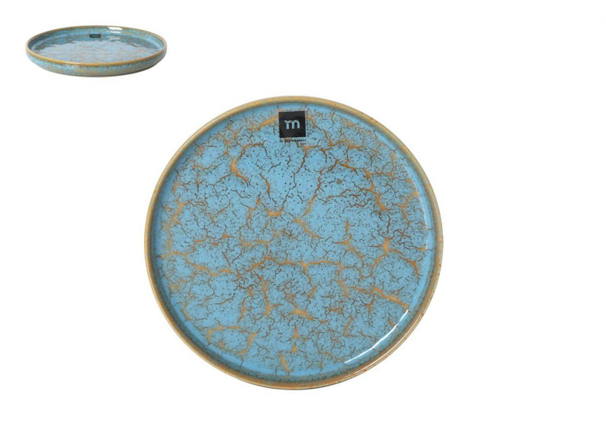 Round ceramic Scratch Blue 20cm dessert plate with light blue glaze and gold crackle pattern