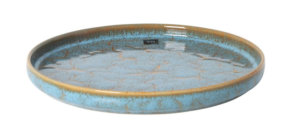 Round ceramic serving platter with blue-green crackle glaze and rustic brown rim