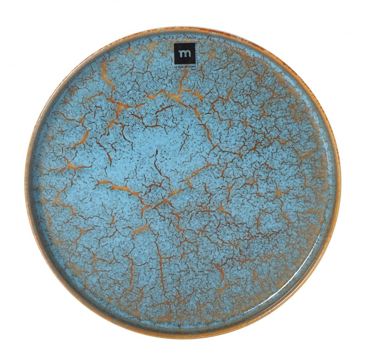 Blue glazed ceramic dinner plate with crackled distressed finish and earthy brown accents