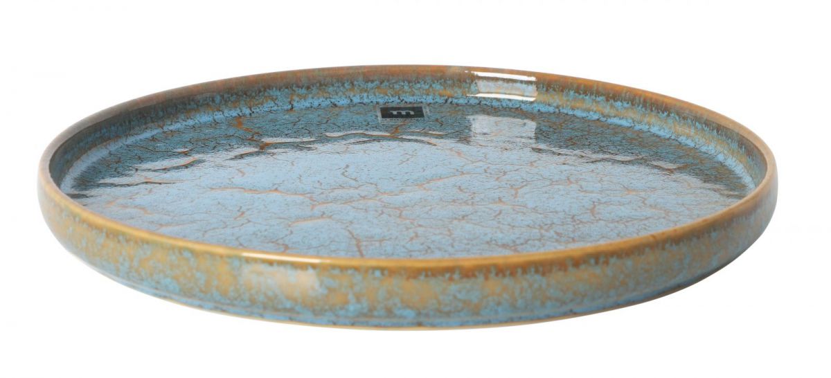Round light blue ceramic serving platter with distressed gold rim for Scratch Blue 26.5cm Dinner Plate Stoneware