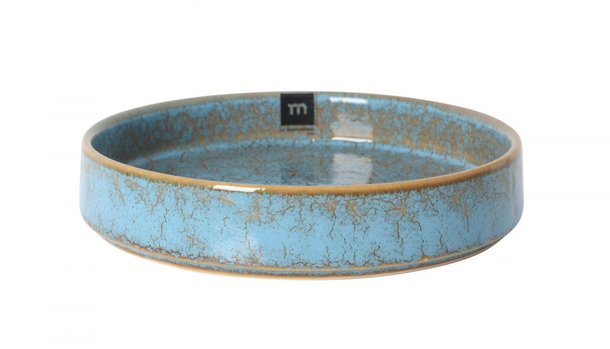 Round shallow ceramic serving dish with textured blue and brown glaze for Scratch Pasta bowl