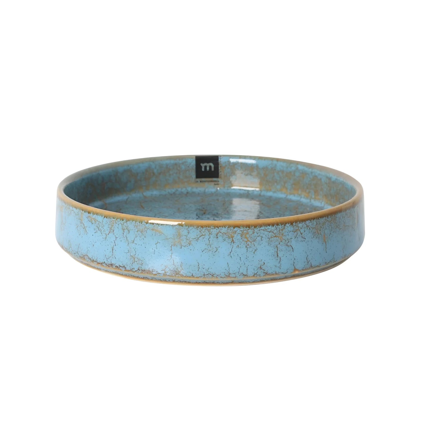 Round shallow ceramic serving dish with textured blue and brown glaze for Scratch Pasta bowl