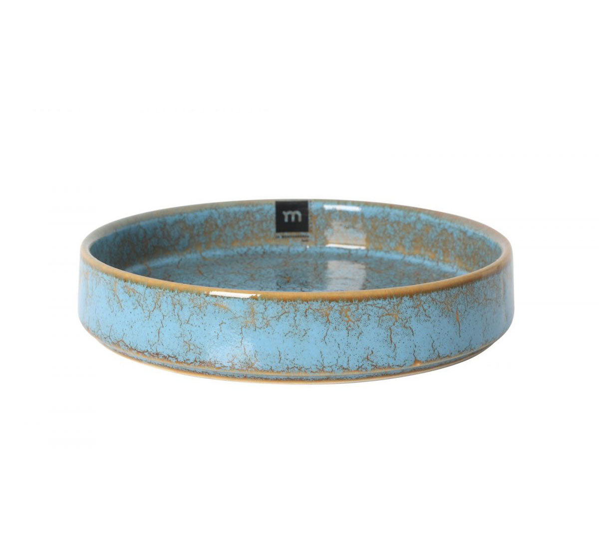 Light blue ceramic Scratch Pasta bowl with crackle glaze and tan rim 20x4cm