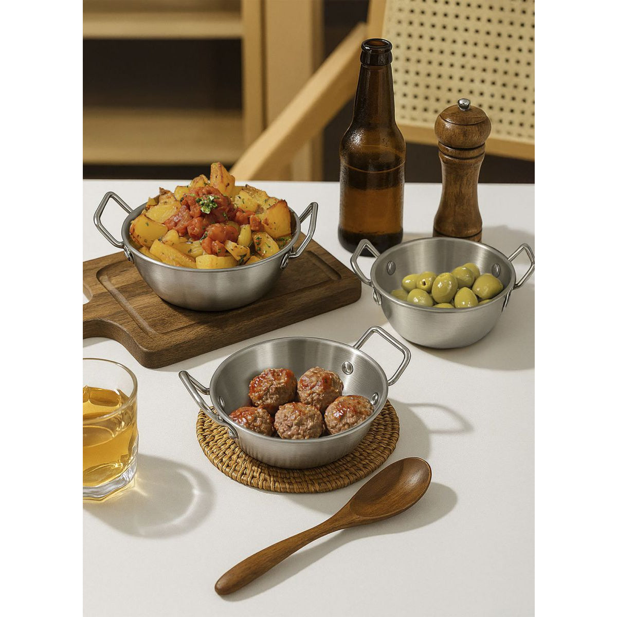 Stainless steel 12cm My Bar tapas deep pan with wooden spoon set