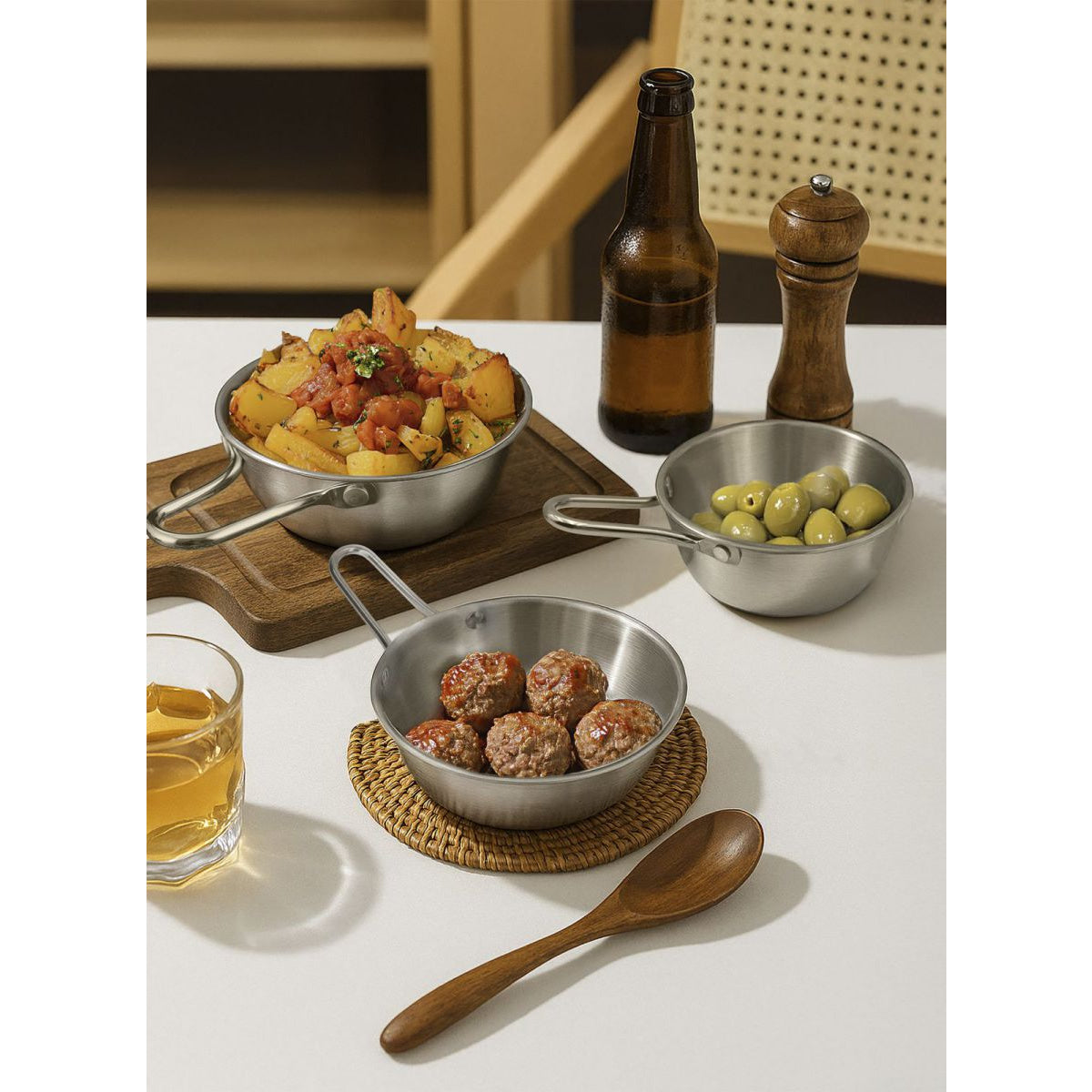 Rustic stainless steel 12cm My Bar tapas serving bowls with wooden spoons