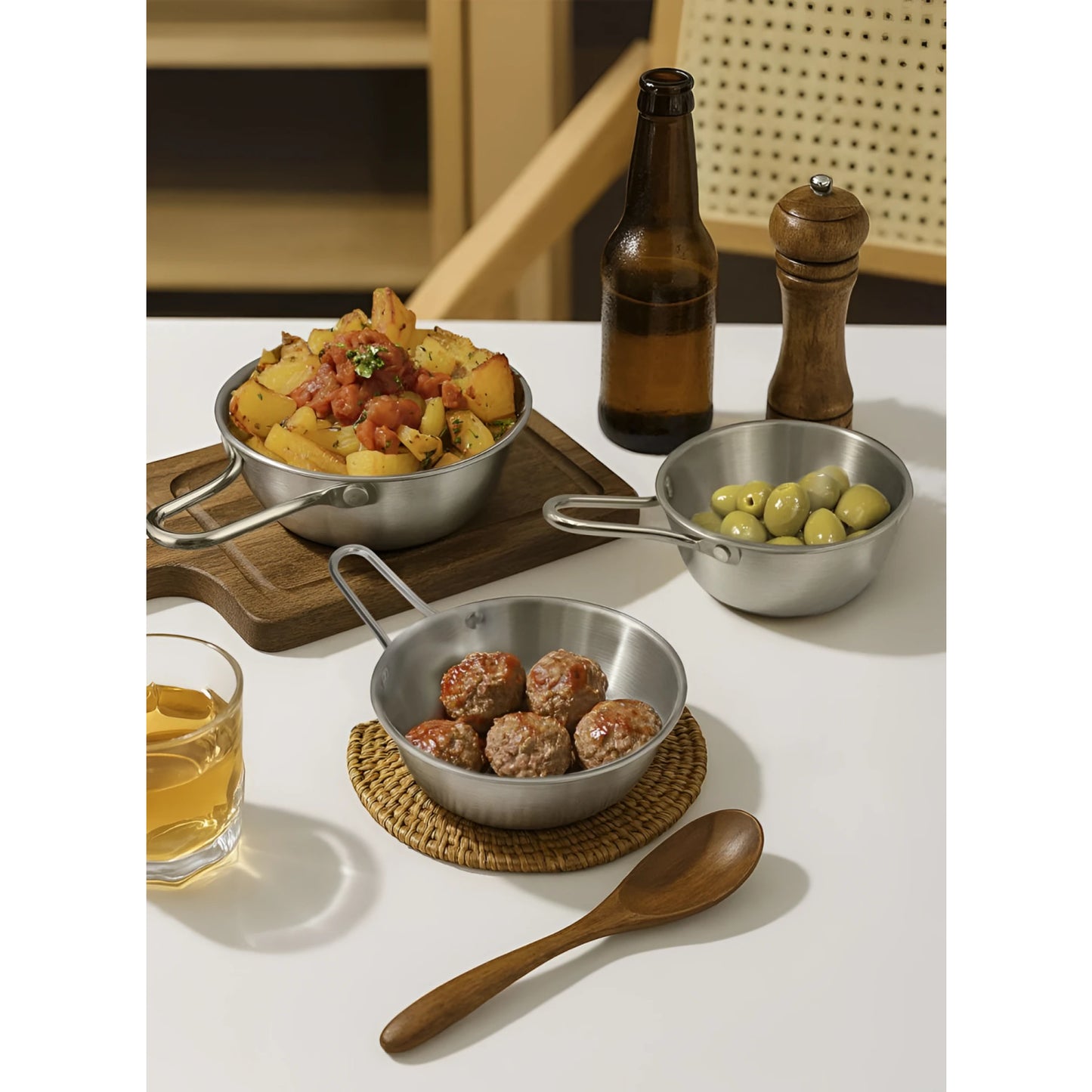 Stainless steel 14cm tapas frying pan set with wooden handles and beer glass