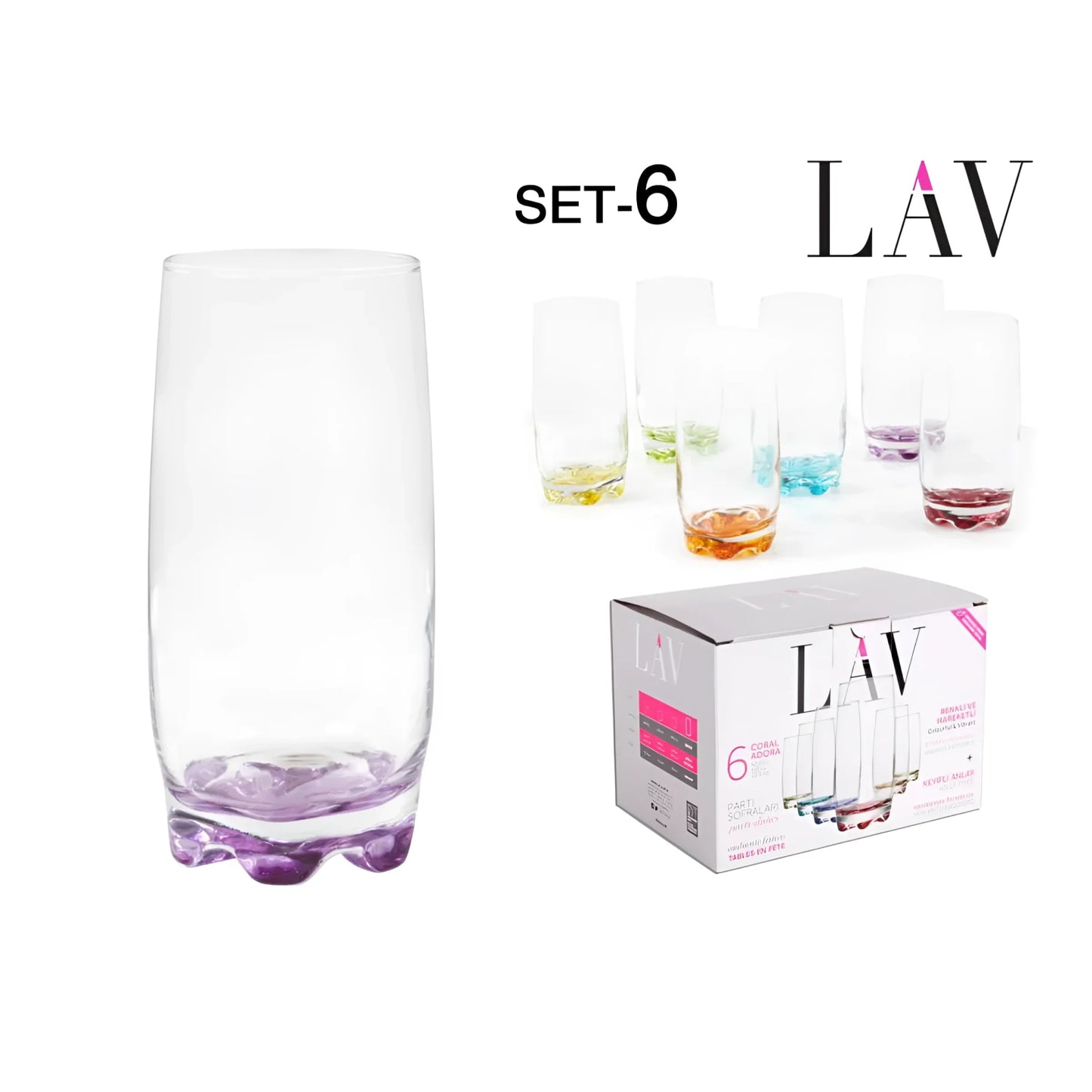 Set Of 6 Pcs Coloured Base Glasses Drinking Highball Style Glassware Juice Boxed Adora LAV