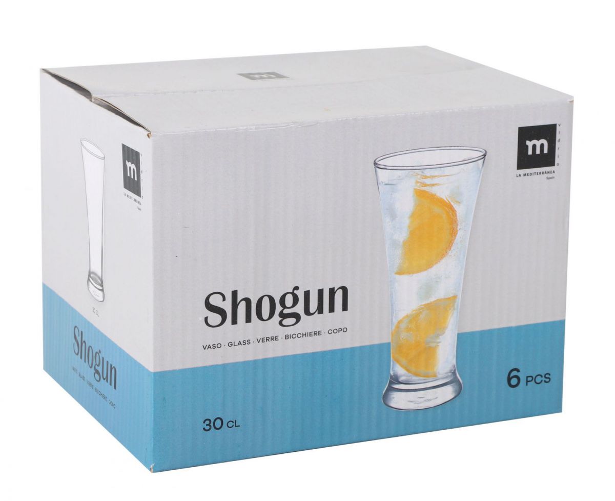 Cardboard box with six Shogun 300ml highball glasses for beer and cocktails