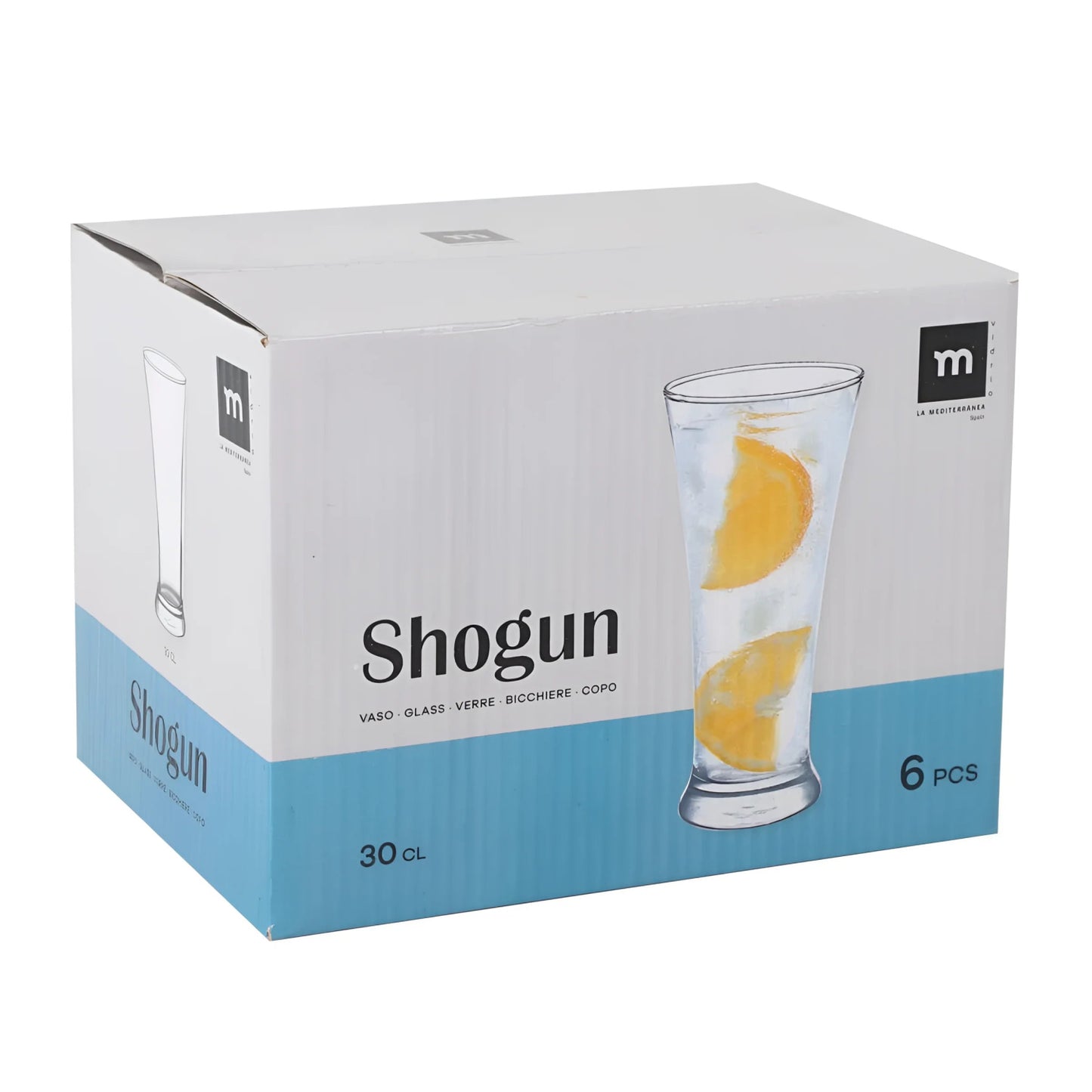 Cardboard box with six Shogun 300ml highball glasses for beer and cocktails