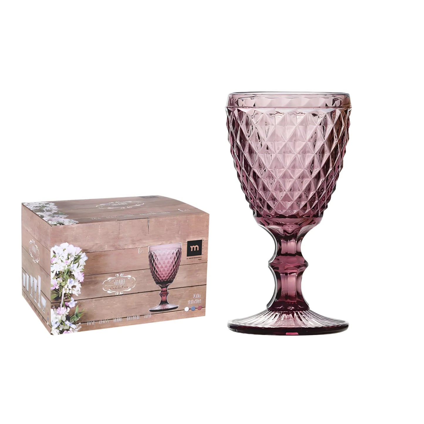 SIDARI PINK Vintage RED WINE GLASSES 350ml embossed drinking glasses stemware diamond design wedding restaurants