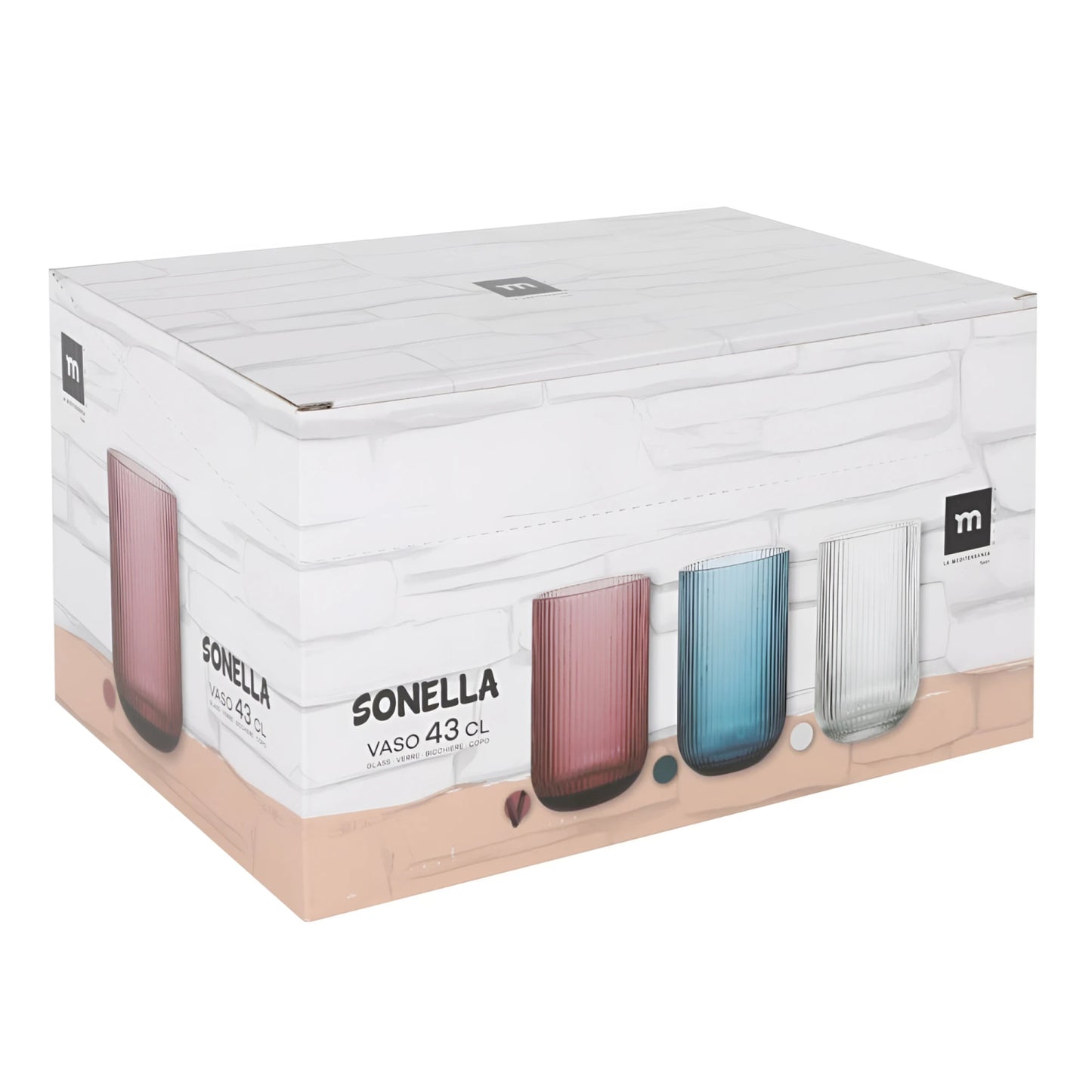 Set of four Sonella 43cl ribbed tumblers in rose, blue, clear glass