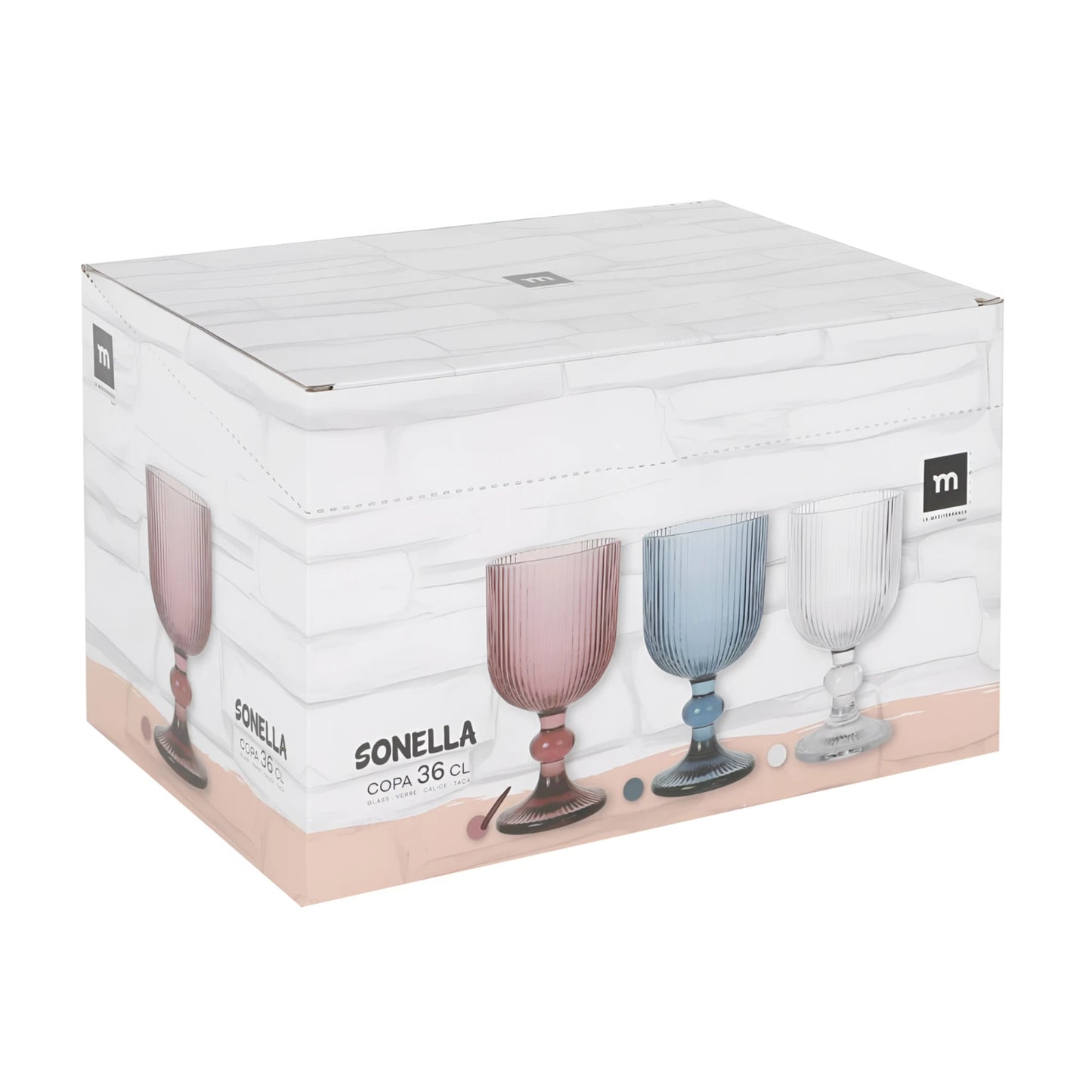 Set of three Sonella 36cl ribbed wine glasses in rose, blue, clear
