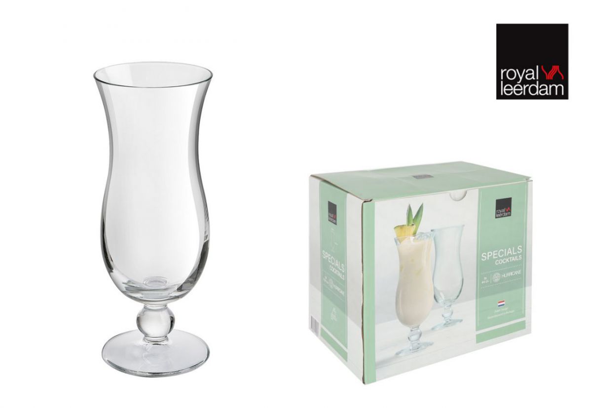 Clear glass hurricane cocktail glass with bulbous stem in retail box for Specials Cocktails