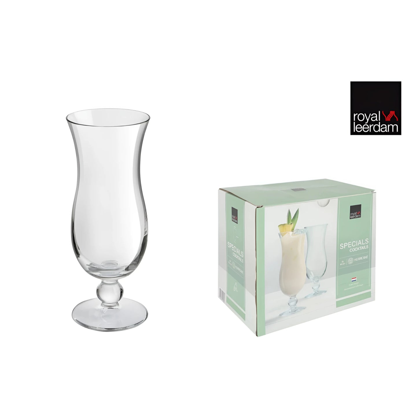 Clear glass hurricane cocktail glass with bulbous stem in retail box for Specials Cocktails