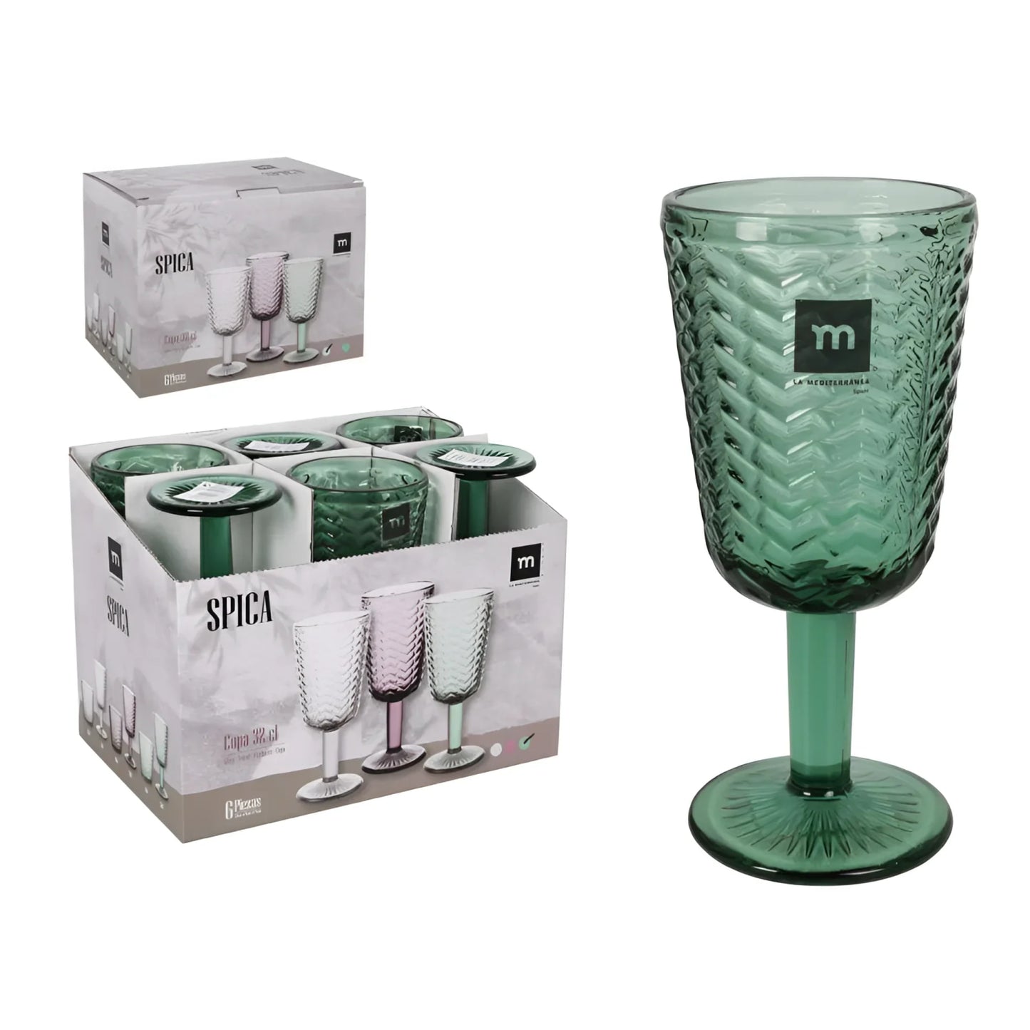 SPICA green Wine glasses 320ml embossed glassware vintage style